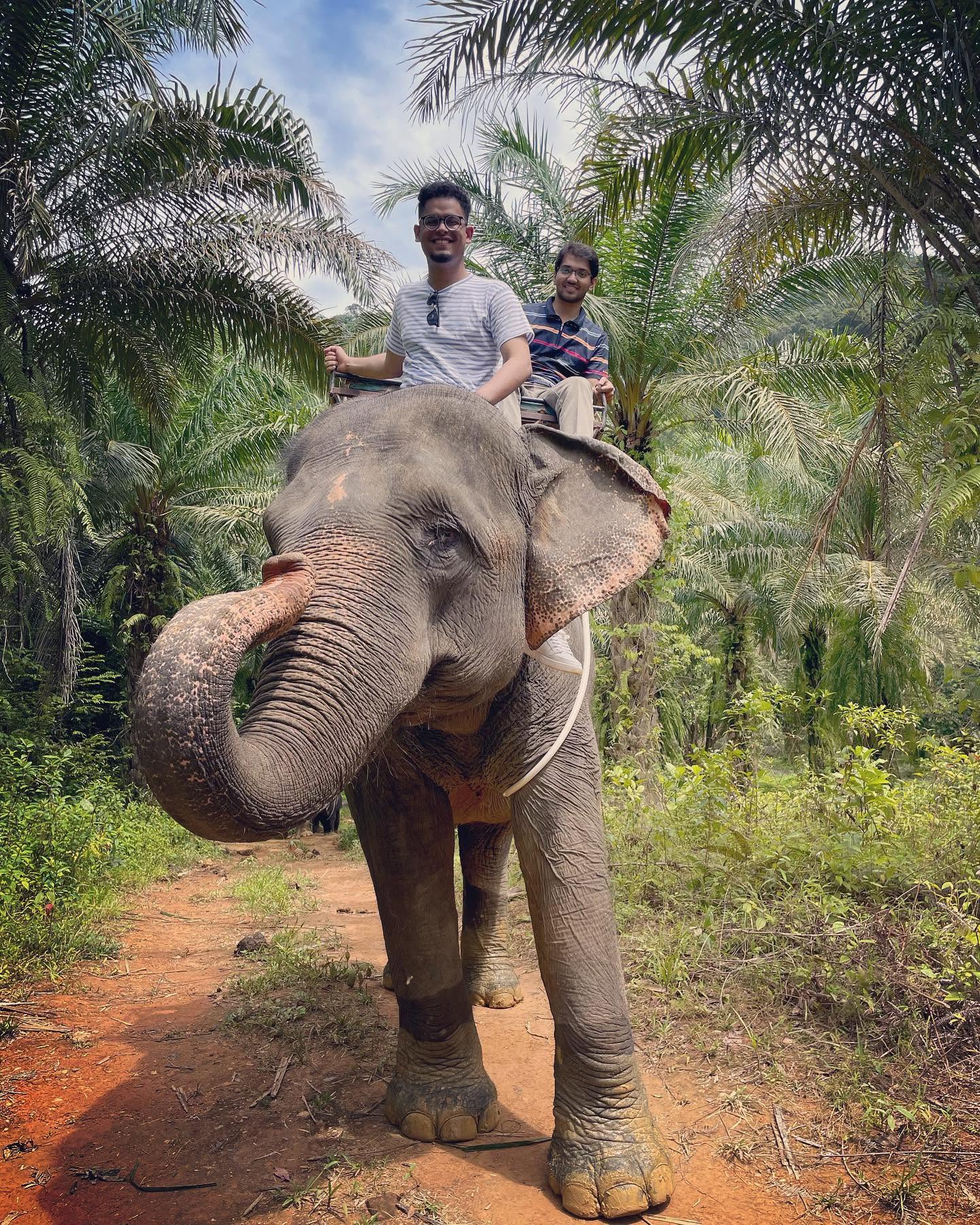Rifat riding an elephant during a trip